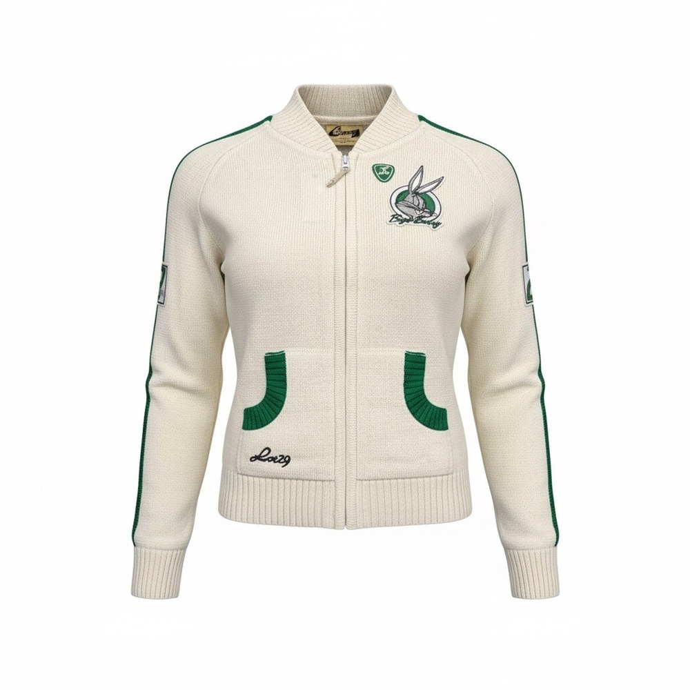Vintage Y2K Lot29 Looney Tunes‎ Zip Up Sweater Jacket Cream Green Size XL NWT